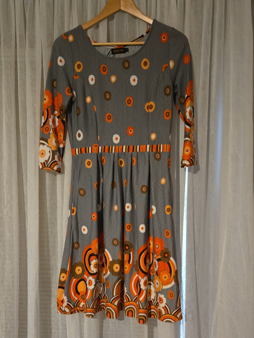 Reborn Gray Midi Dress with Orange & White Retro Florals